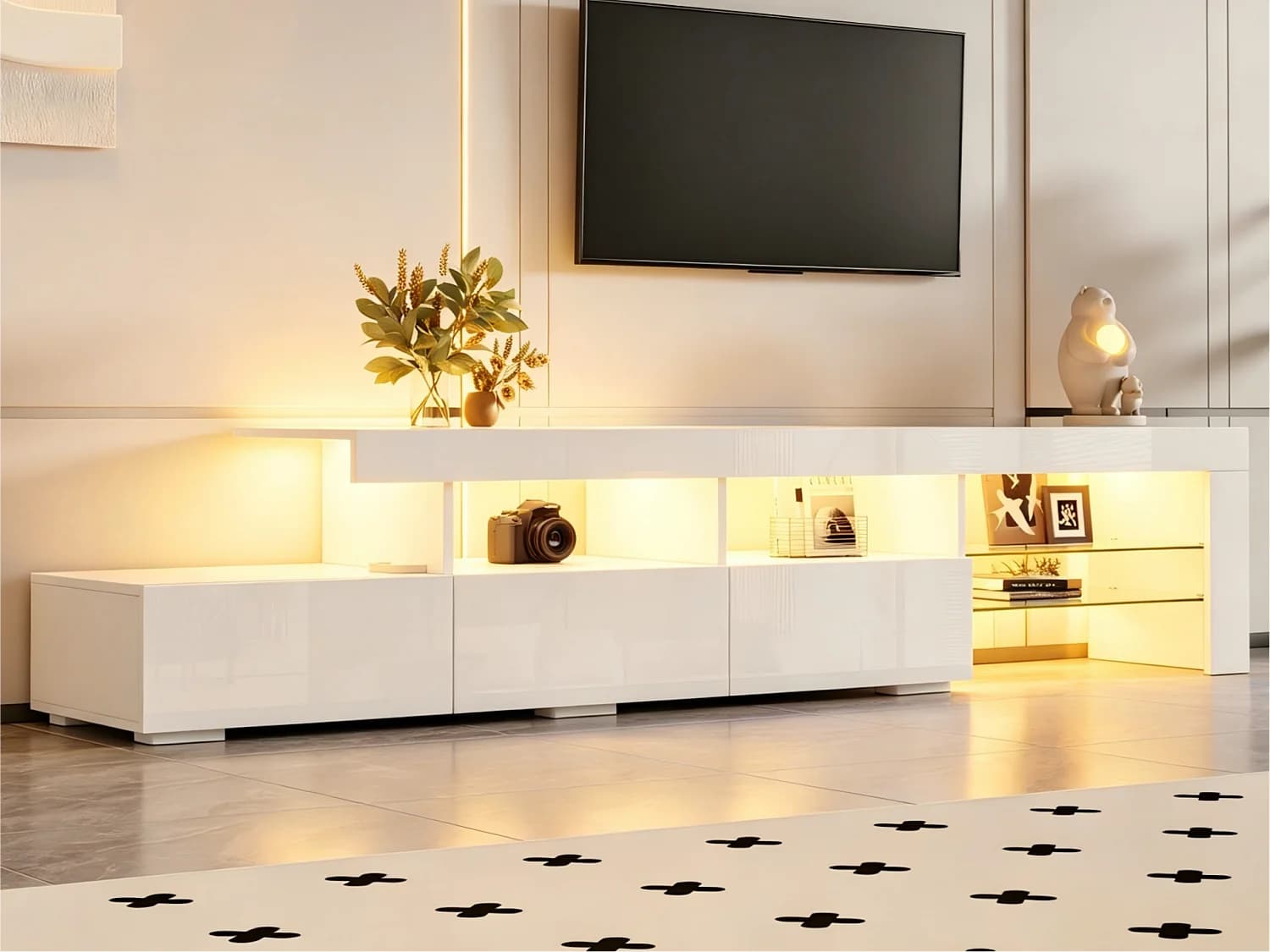 Meuble TV moderne laqué brillant 180x35x45 cm - Éclairage LED intégré - 3 tiroirs - Convient aux TV jusqu'à 75 pouces - Blanc