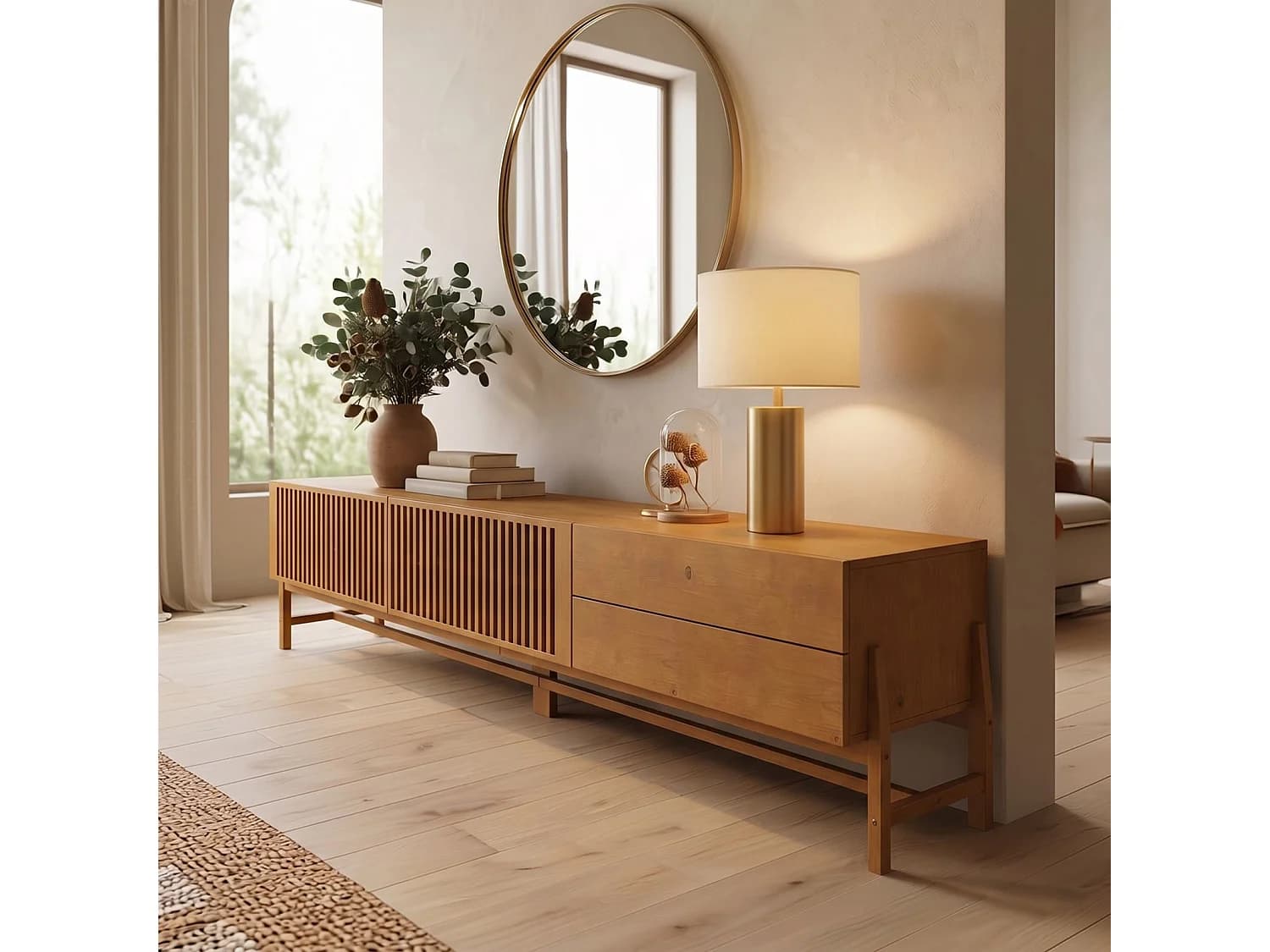 Meuble TV ADAMO L 220 cm en Bois Massif Coloris Chêne avec 2 Portes Coulissantes, 2 Tiroirs, Pour TV jusqu'à 249 cm (98")