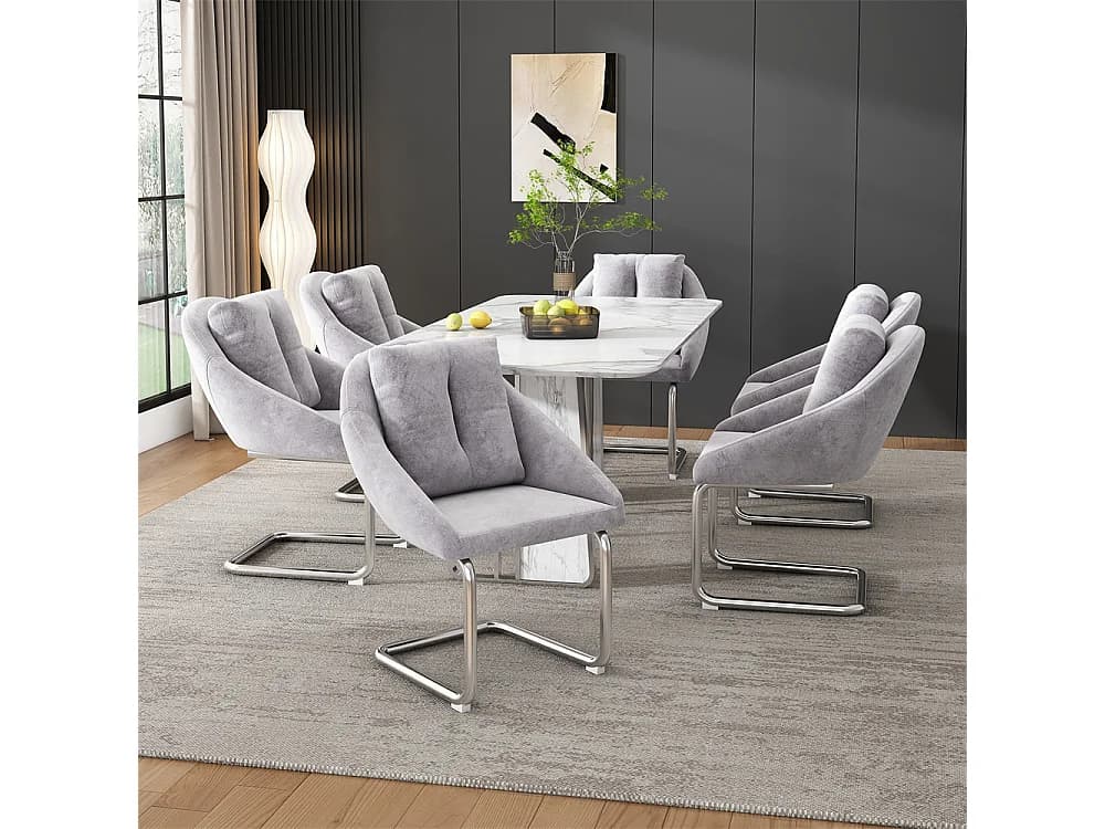 Chaises salle à manger - Lot de 6 - Piètement luge design - Velours gris - Dossier ergonomique - Pieds métal