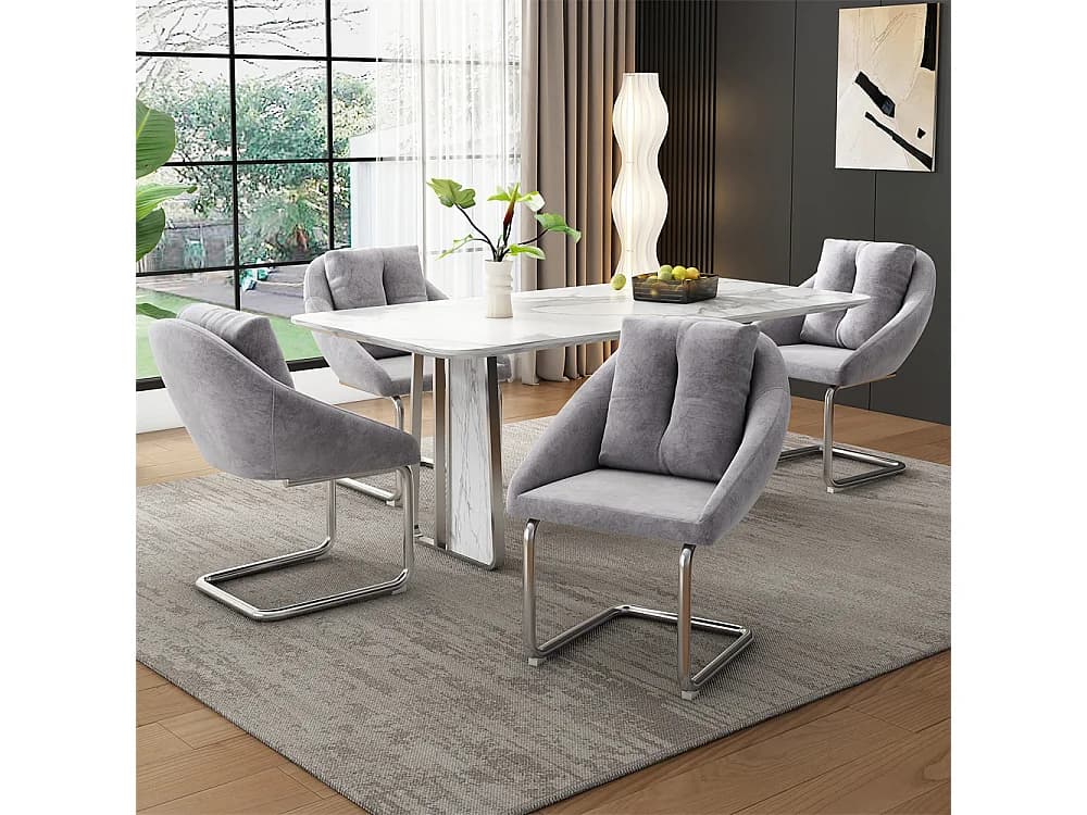 Chaises salle à manger - Lot de 4 - Piètement luge design - Velours gris - Dossier ergonomique - Pieds métal
