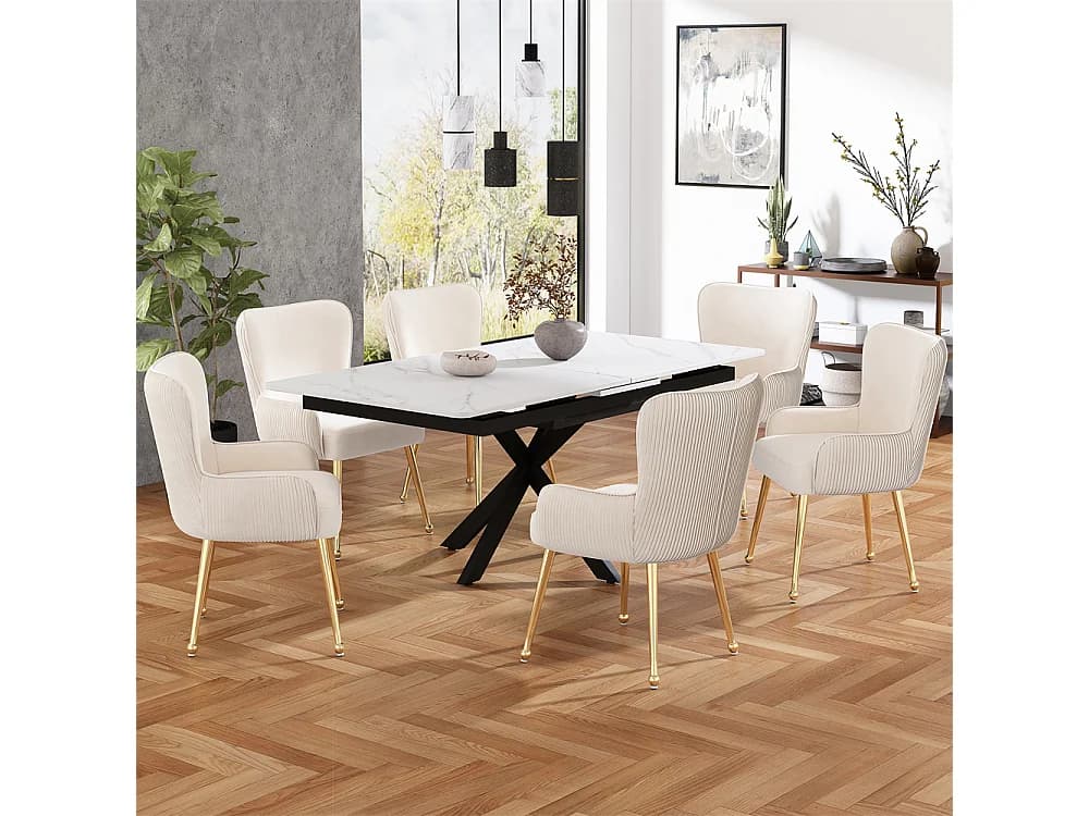 Lot de 6 Chaises de Salle à Manger avec Dossier et Accoudoir, Chaise de Salon Assise en Velours et Pieds en Métal Doré, Beige