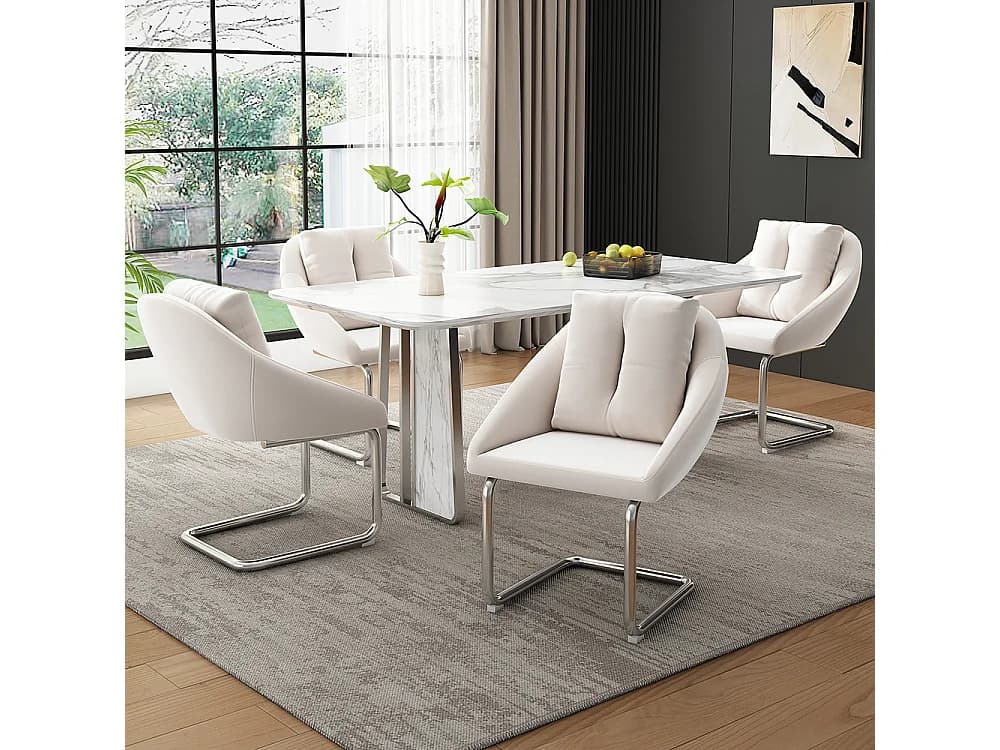 Chaises salle à manger - Lot de 4 - Piètement luge design - Velours beige - Dossier ergonomique - Pieds métal