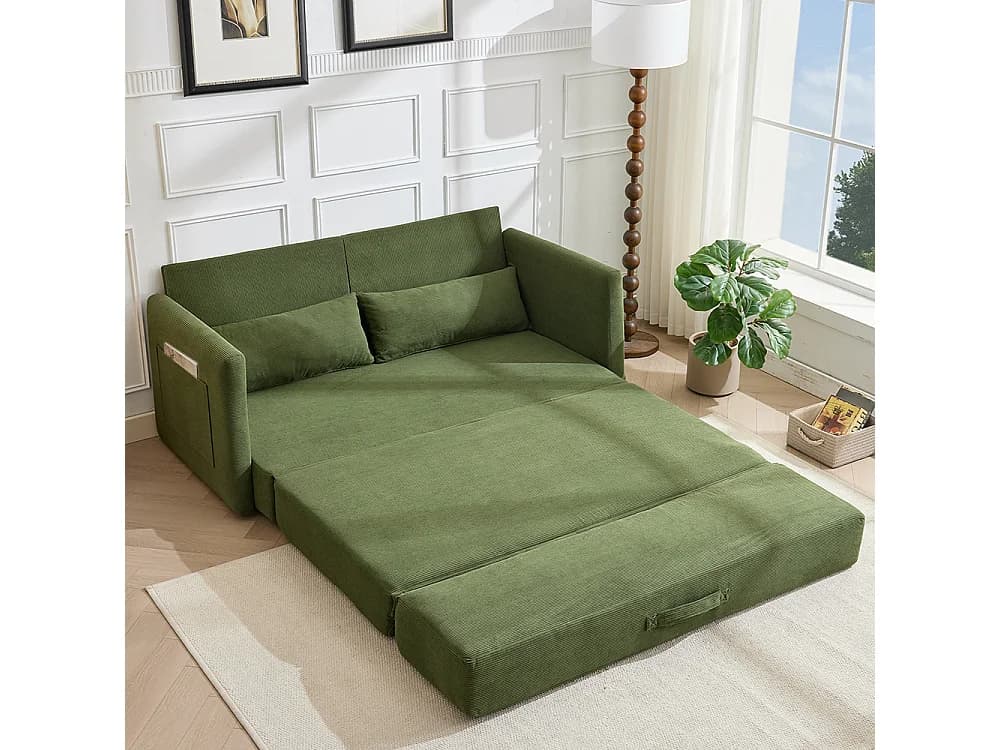Canapé convertible 2 places en velours côtelé, Canapé-lit avec poche de rangement latérale et deux coussins, 165 x 92 x 82 cm, vert