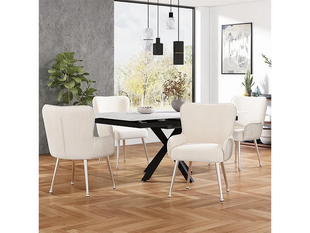 Lot de 4 Chaises de Salle à Manger avec Dossier et Accoudoir, Chaise de Salon Assise en Velours et Pieds en Métal Argenté, Beige