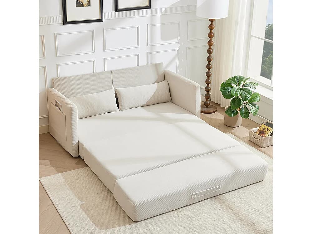 Canapé convertible 2 places en velours côtelé, Canapé-lit avec poche de rangement latérale et deux coussins, 165 x 92 x 82 cm, beige