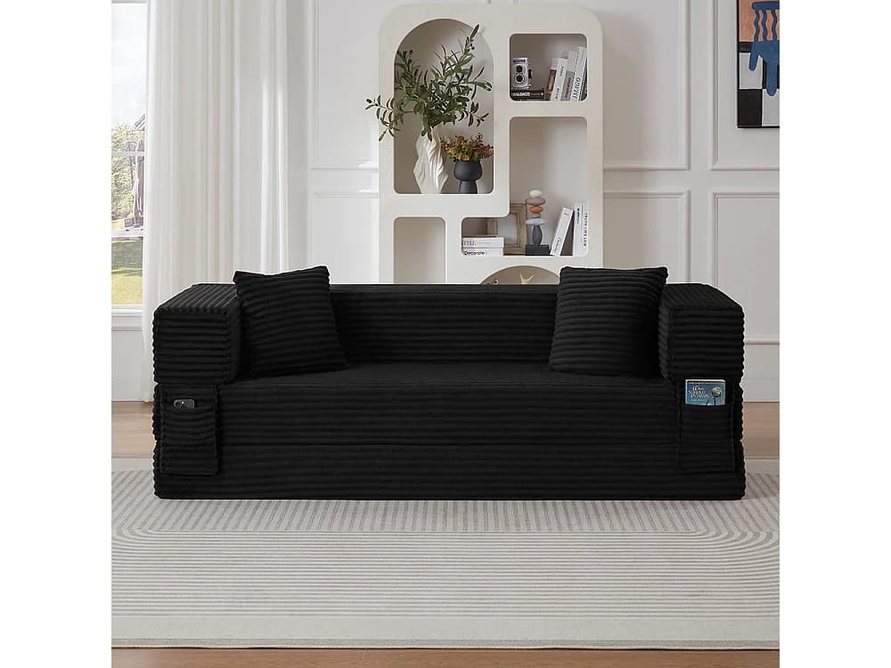 Canapé convertible 3 places en velours côtelé, Canapé lit avec poches latérales et 2 coussins, design carré classique, pour salon, chambre, Noir