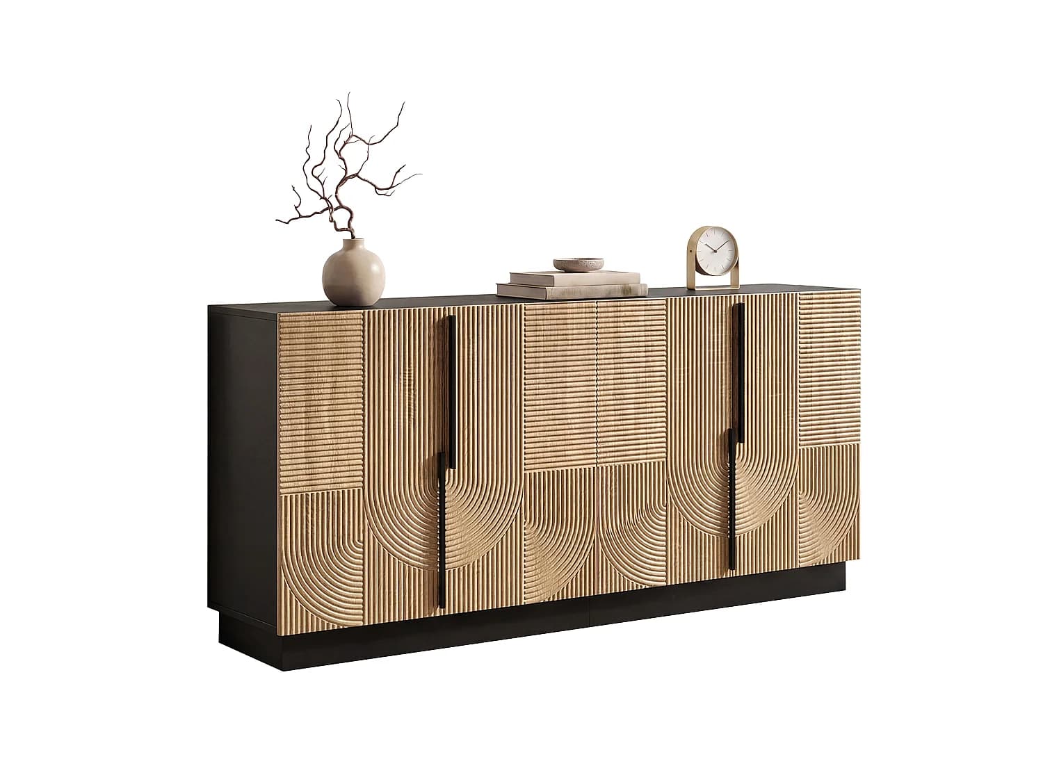 Buffet moderne 160x42x76 cm - 4 portes - Panneau gaufré - Poignées métalliques - Panneaux de particules + MDF - Coloris naturel