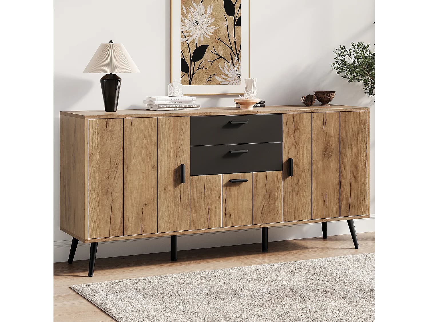 Buffet, Commode moderne 140 x 35 x 67 cm - Grand plateau - 2 tiroirs, 3 portes - MDF - Noir+naturel