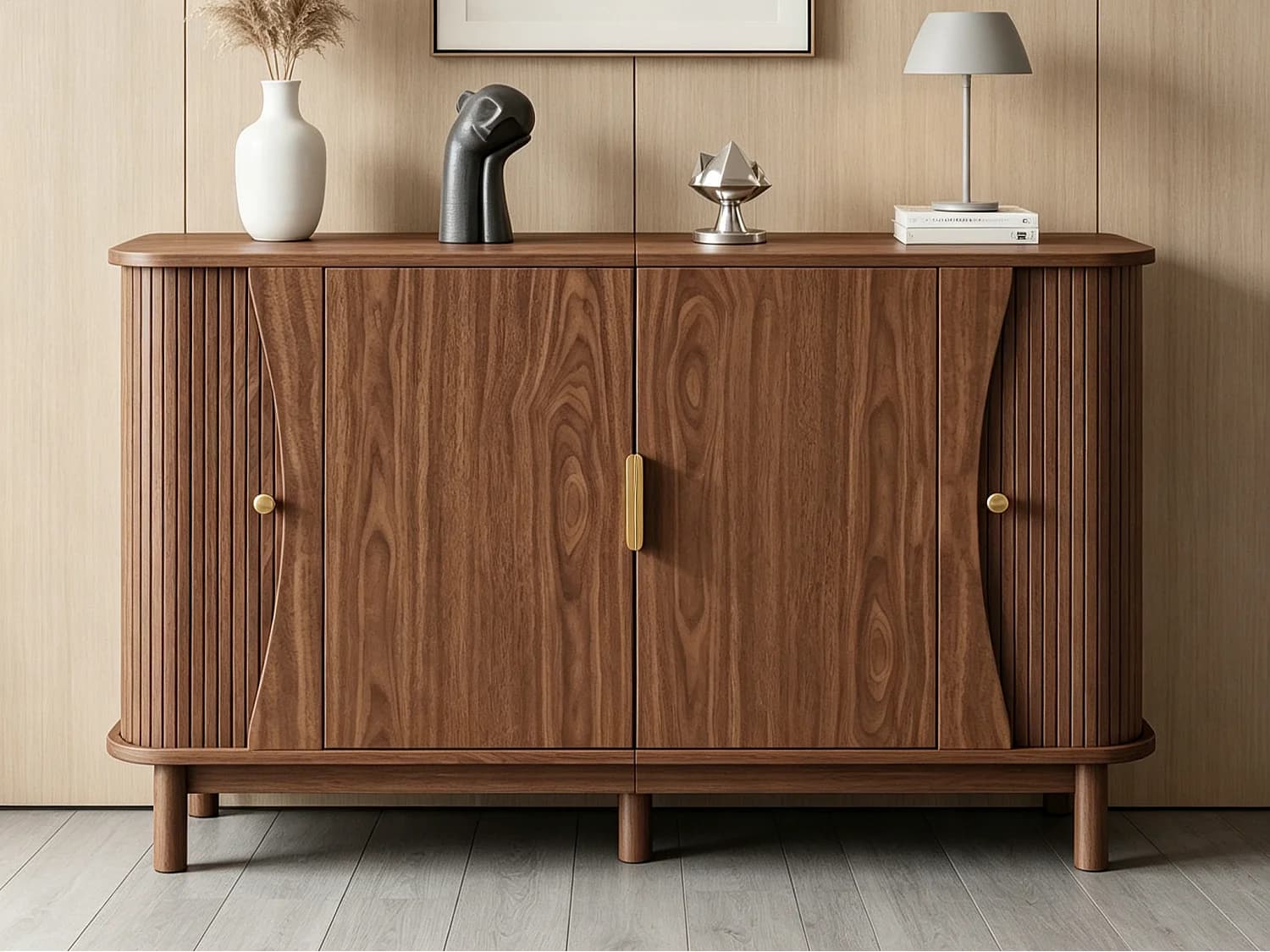 Buffet moderne 140x40x88 cm - 2 portes coulissantes et 2 portes battantes - Finition bois - MDF - Marron