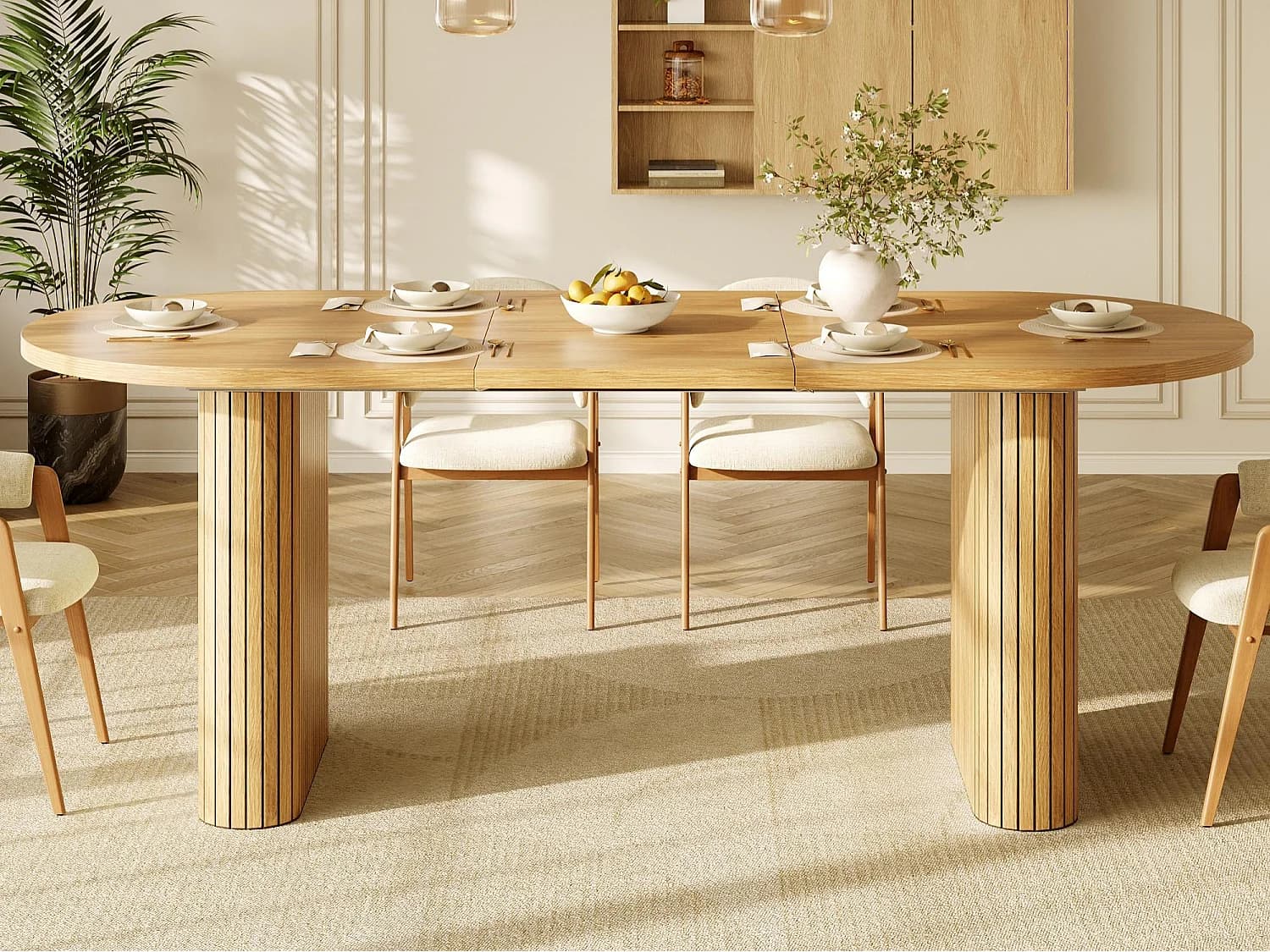 Table à Manger Extensible 120-160x80cm - table à manger ovale en bois - bureau épaissi - MDF + métal - Naturel