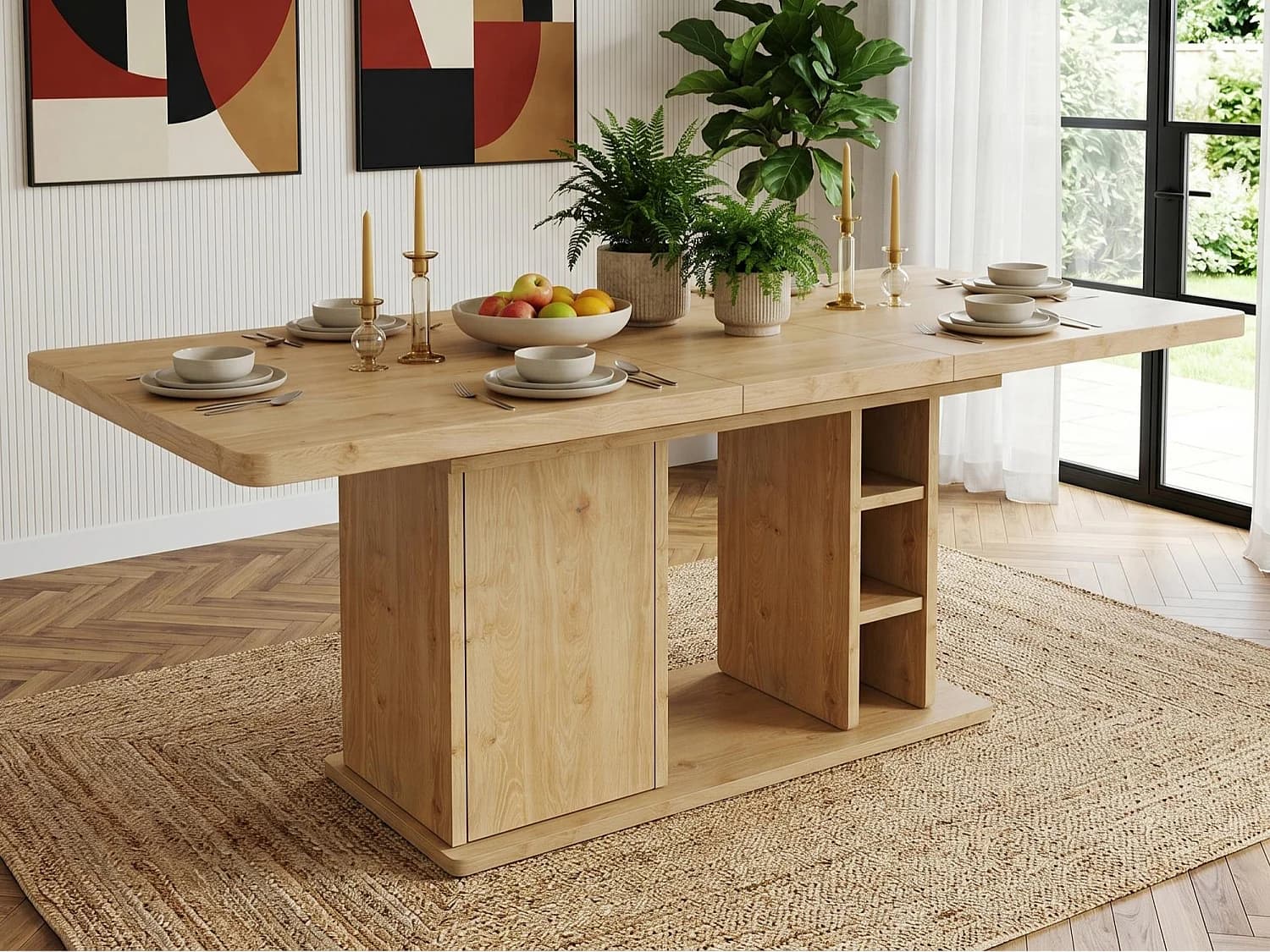Table à manger extensible 140/180x80x75 cm - pour 6 à 8 personnes - 1 porte et rangement ouvert - Plateau épais - Naturel