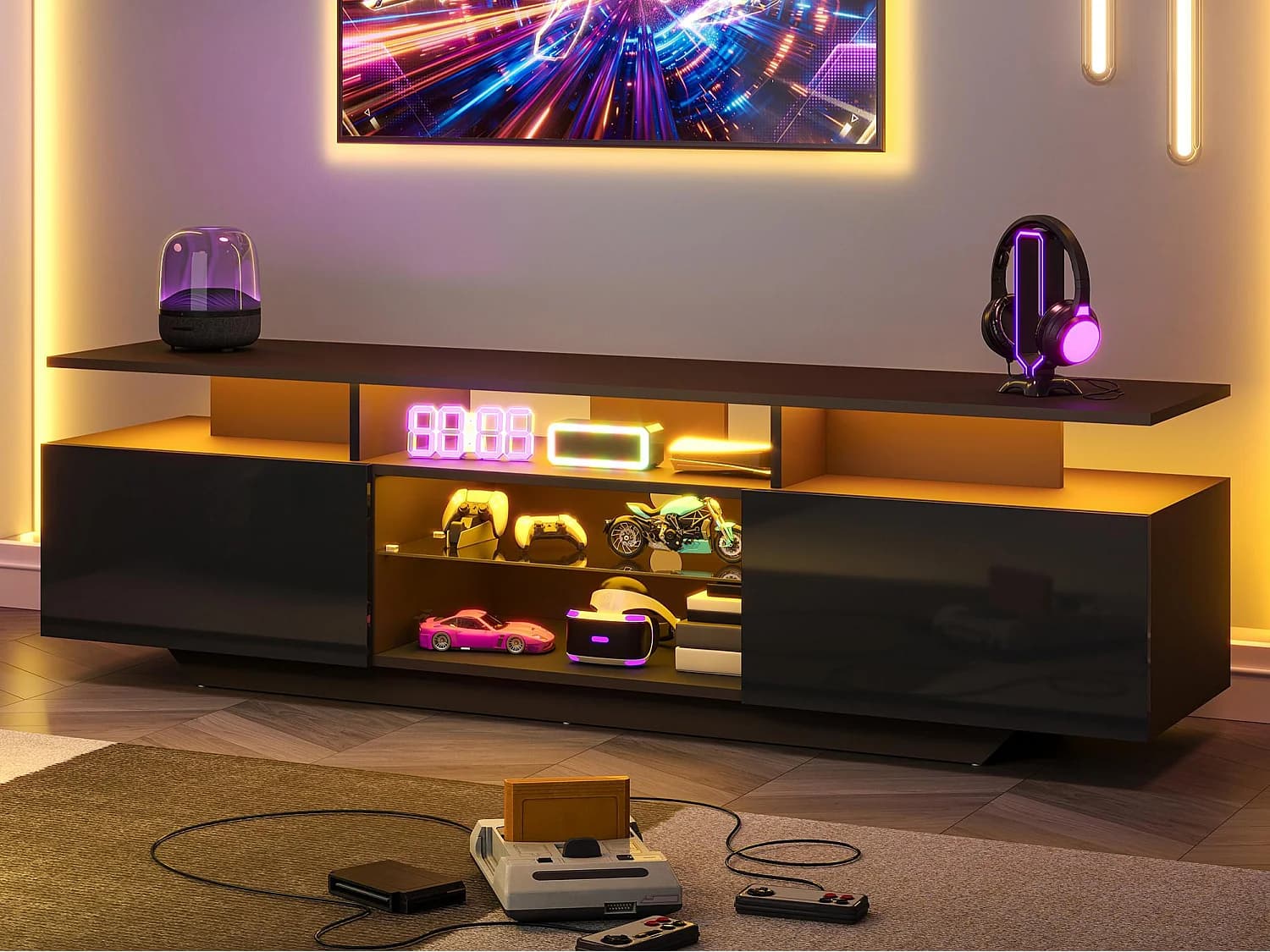 Meuble TV 160 x 40 x 45 cm - Éclairage LED - 2 portes et 8 étagères - Finition brillante - MDF + Verre - Noir