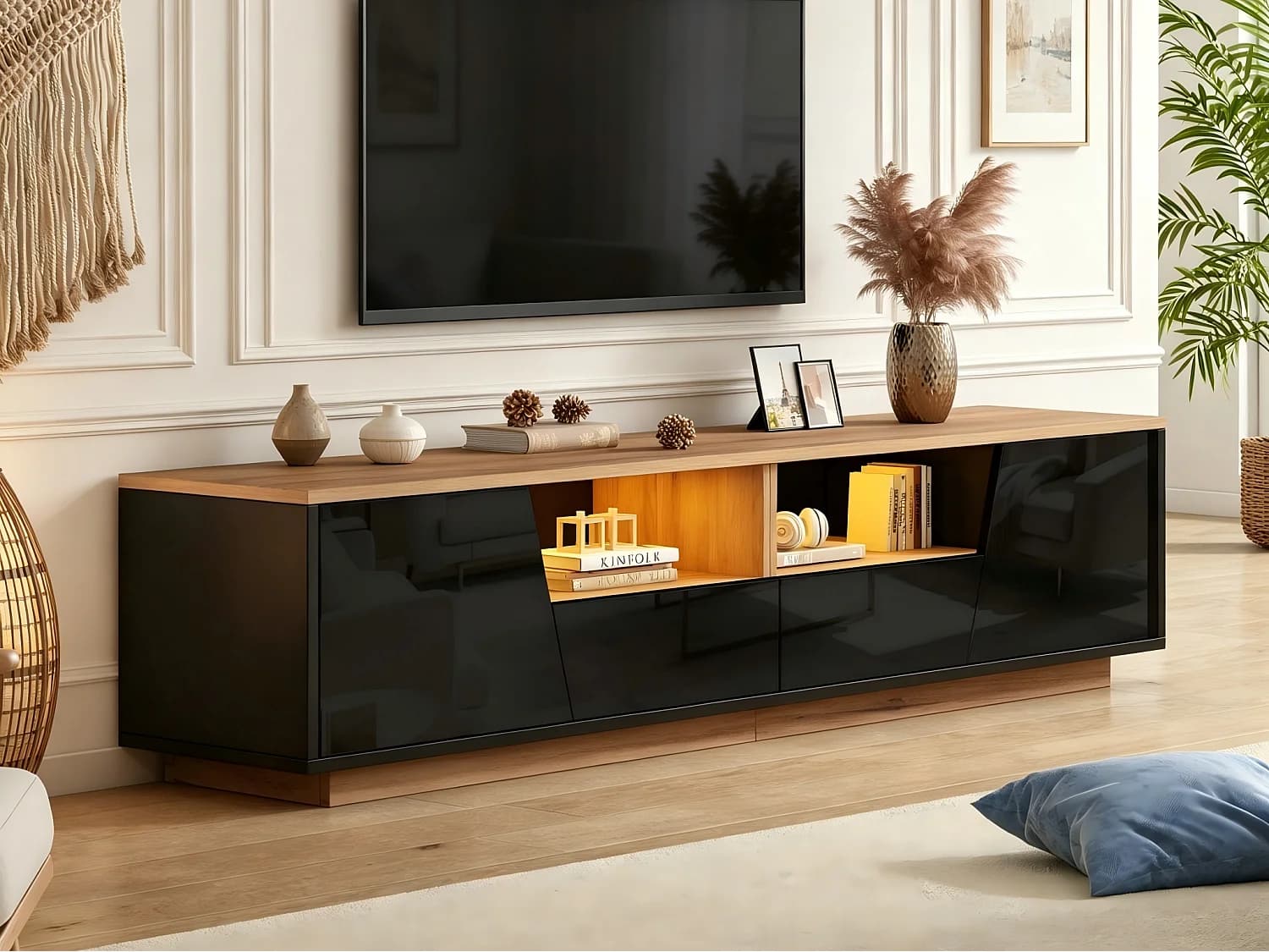 Meuble TV laqué brillant 180x40x46 cm - Éclairage LED - 2 tiroirs et 2 portes - Convient aux TV jusqu'à 75 pouces - Noir + Naturel