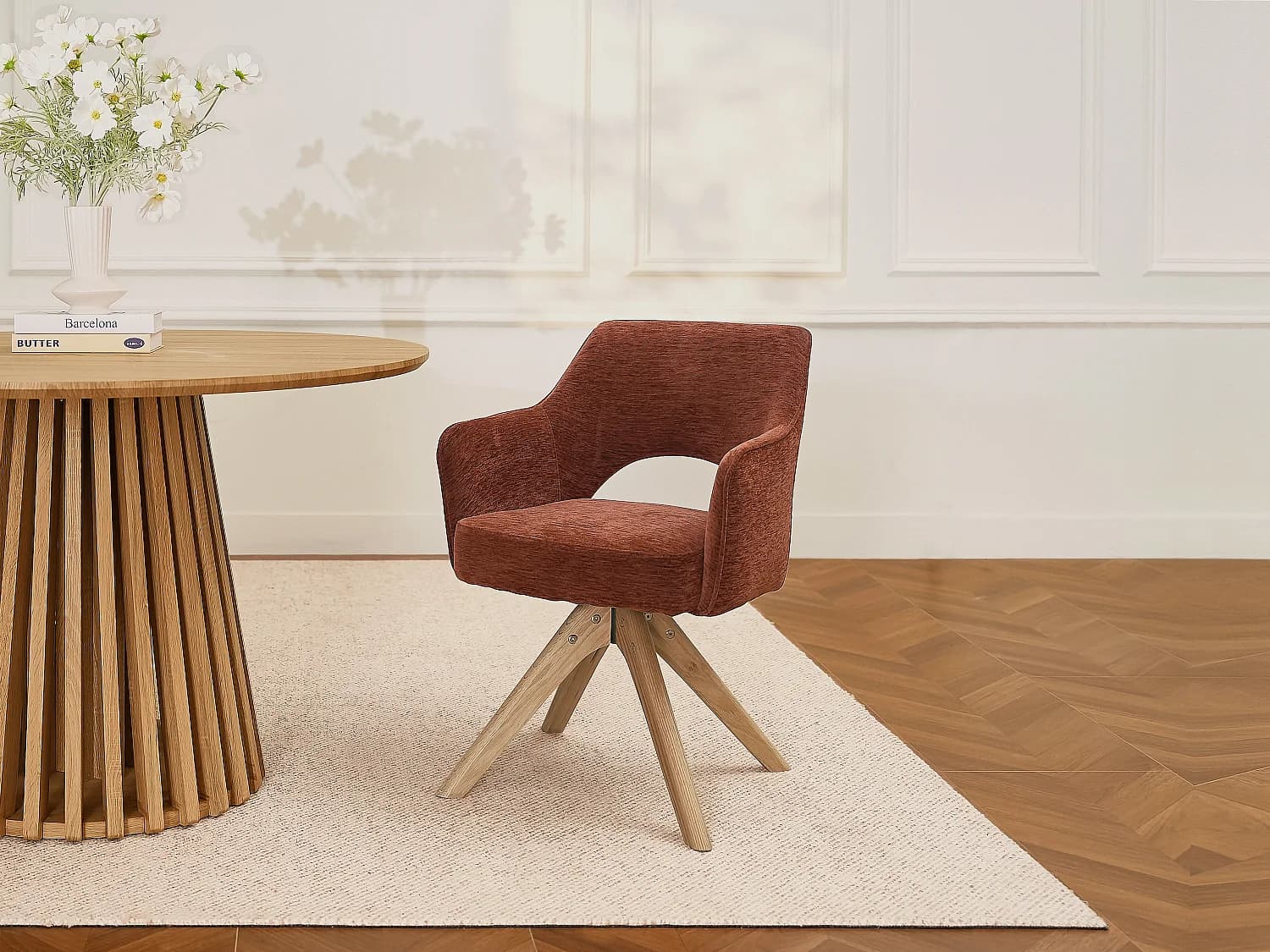 Lot de 2 chaises pivotantes avec accoudoirs en tissu texturé et bois de chêne - Terracotta - KONYA
