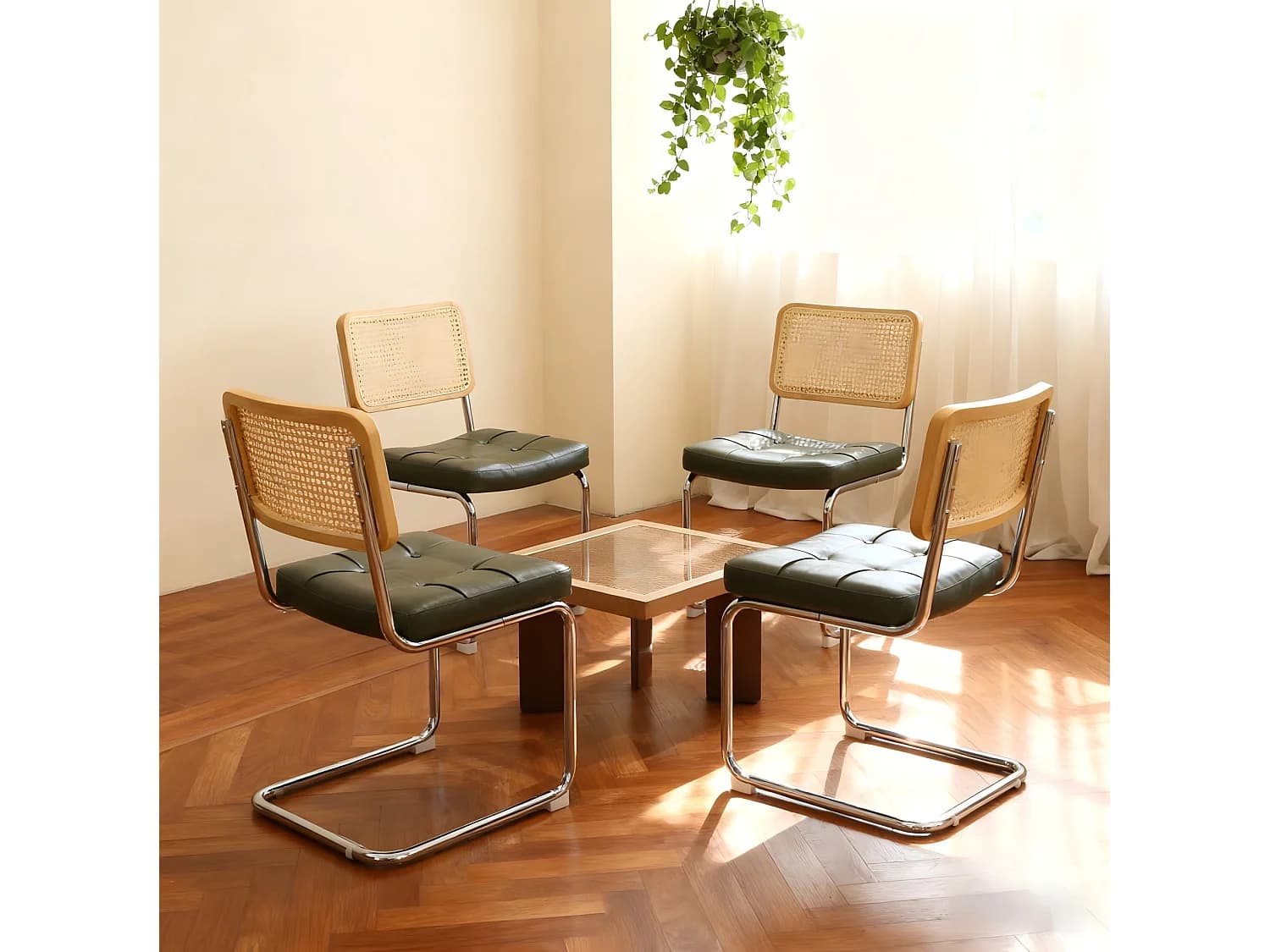 Lot de 4 chaises en simili cuir avec pieds chromés - Pour salle à manger, salon ou cuisine - Vert