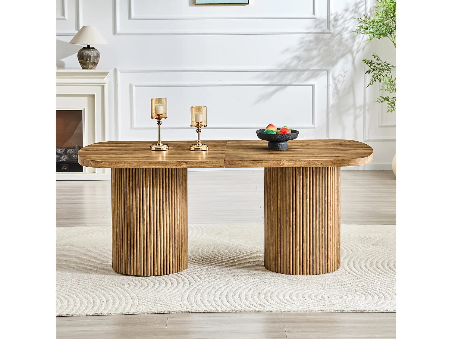 Table à manger ovale 180 x 90 cm bois foncé pour 6 à 8 places - Pied central cannelé