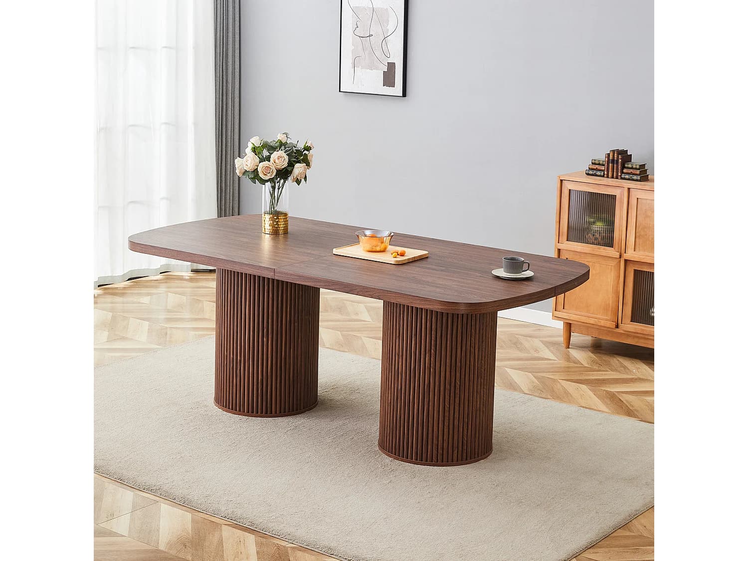 Table à manger ovale 180 x 90 cm marron pour 6 à 8 places - Pied central cannelé