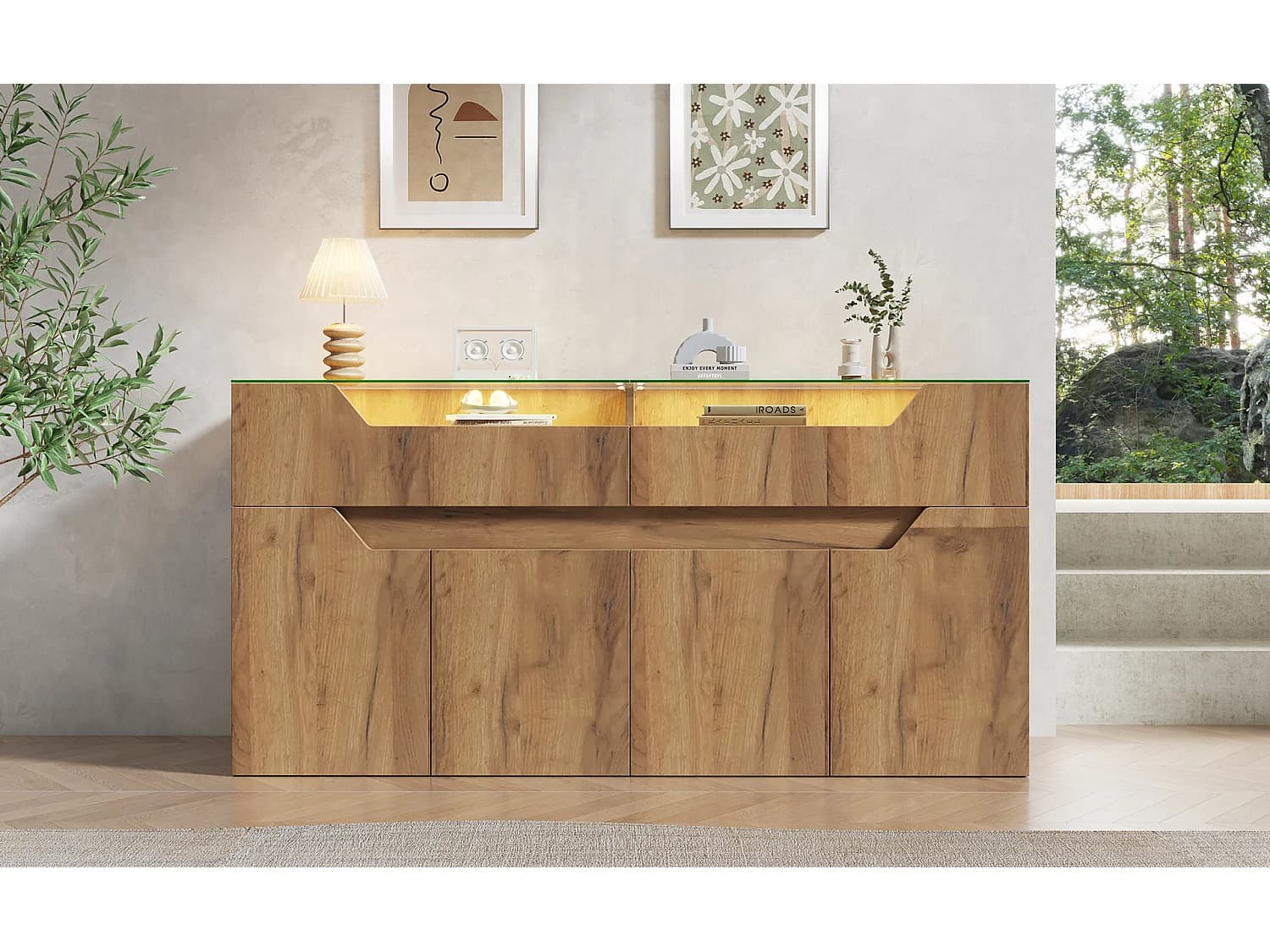 Buffet 140 x 40 x 70 cm avec plateau en verre trempé , 2 tiroirs et 4 portes - Couleur bois