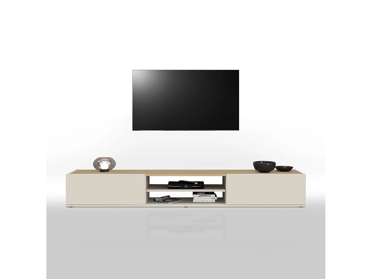 Meuble TV Garda avec 2 portes et 1 étagère centrale cachemire et chêne clair 210x35x30 cm