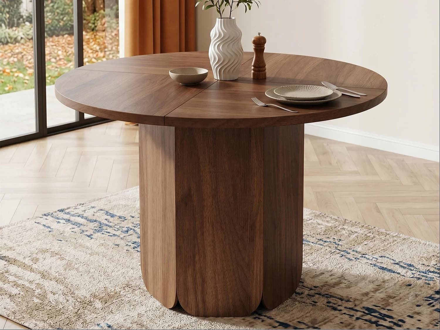 Table de salle à manger ronde 120x120x75cm - 4 à 6 personnes - Style minimaliste - Placage noyer - MDF - Marron