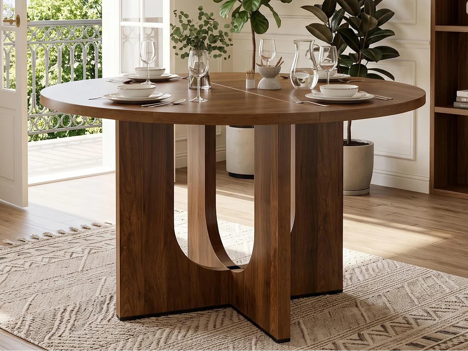 Table à manger ronde 120x120x75 cm - 4 à 6 personnes - Style minimaliste - Placage chêne - MDF - Marron