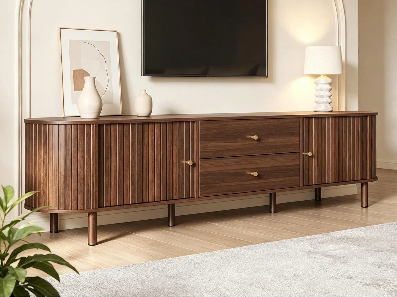Meuble TV ovale 180x40x58 cm - avec 2 portes et 2 tiroirs - finition bois - Compatible TV jusqu'à 75 pouces - MDF - Marron