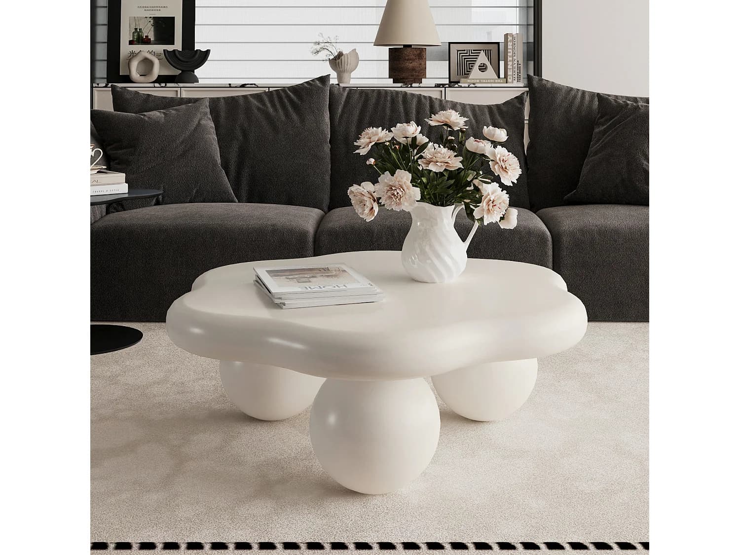 Table basse en forme de nuage 79 cm avec pieds sphériques - Blanc crème