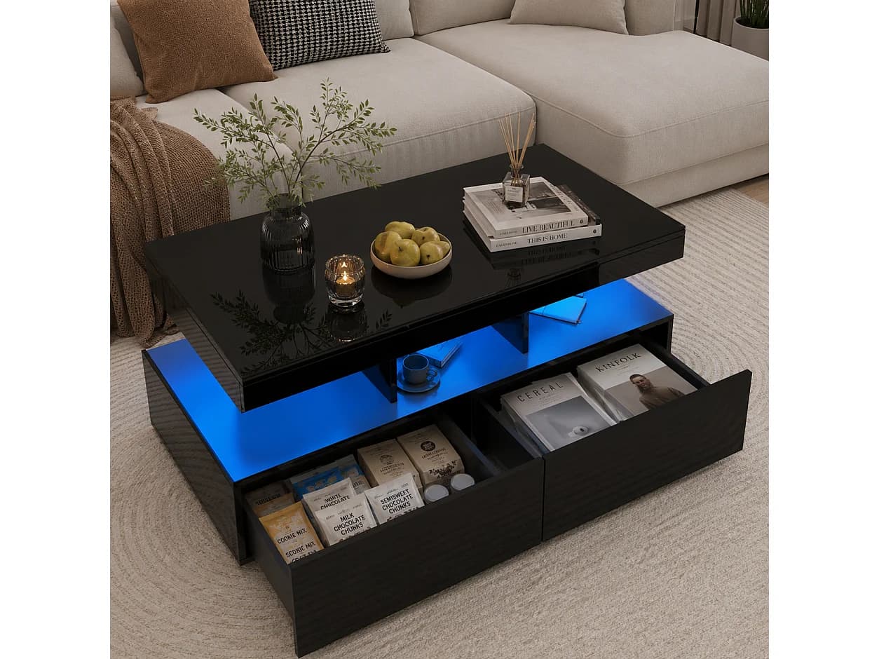 Table basse - Table de salon avec éclairage LED et 2 tiroirs - Table d'appoint - Poids 60 kg - 105x53x46 cm - Panneaux de particules - Noir