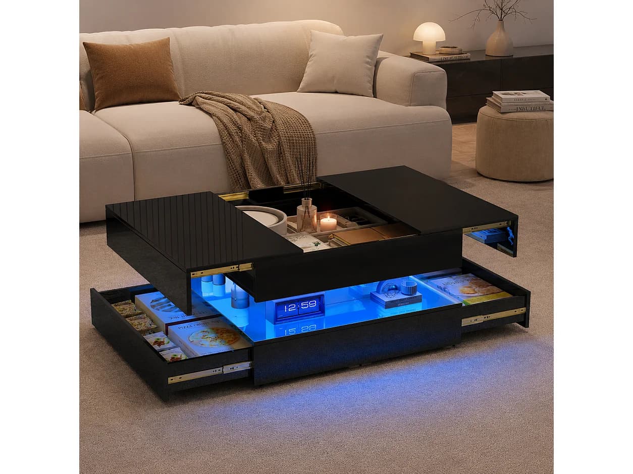 Table basse - avec éclairage LED et 2 tiroirs - Robuste MDF (60 kg) - Fonction rangement - Table de salon - 78x78x43 cm - Noir