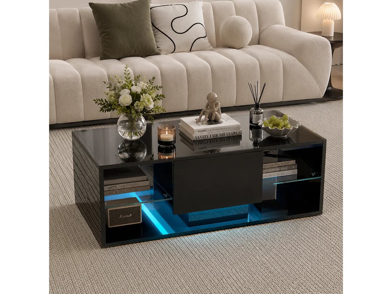 Table basse brillante avec Lumières LED, étagère ouverte et tiroirs, Table de salon moderne avec rangement, 100x50x35 cm, Noir