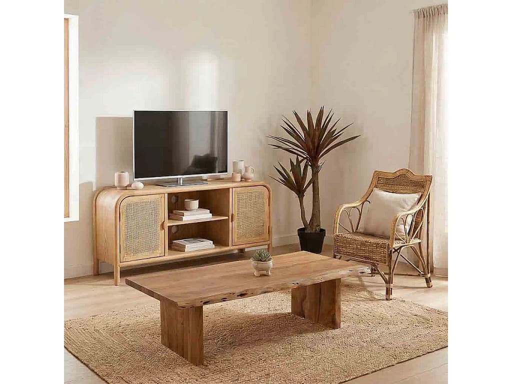 Meuble bas en bois et rotin marron 120x39x60h cm