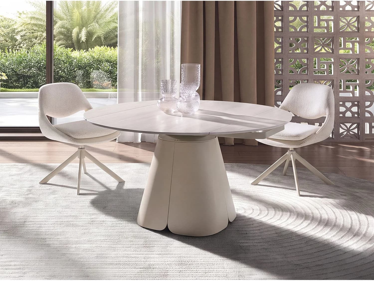 Table de salle à manger ronde extensible en marbre céramique et acier couleur sable 1195 ANGEL CERDA
