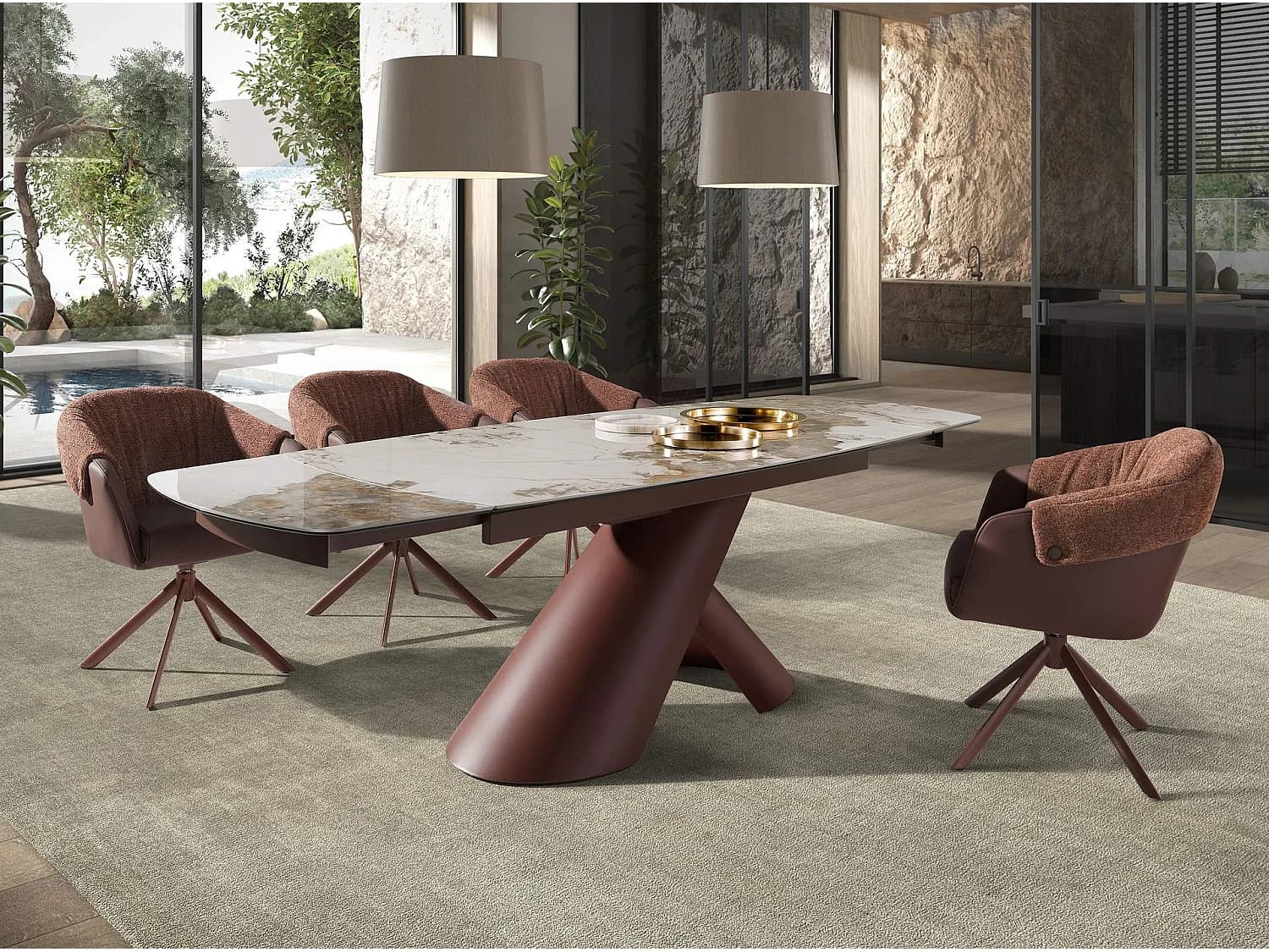 Table de salle à manger extensible ovale tonneau en marbre céramique et acier marron cuivré 1194 ANGEL CERDA