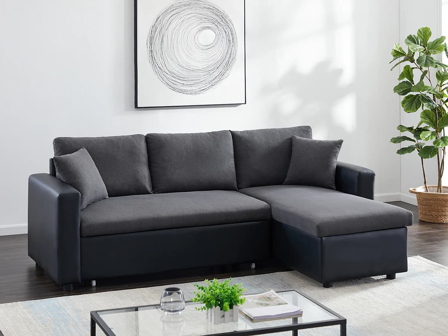 Canapé d'angle convertible et réversible en tissu anthracite et noir GAZUR II