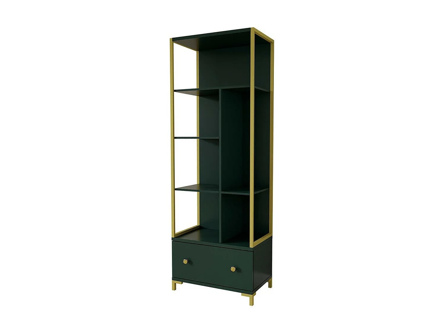 Bibliothèque collection DOUGLAS couleur verte avec nombreux rangements et finitions dorées, 70 x 200 x 42 cm