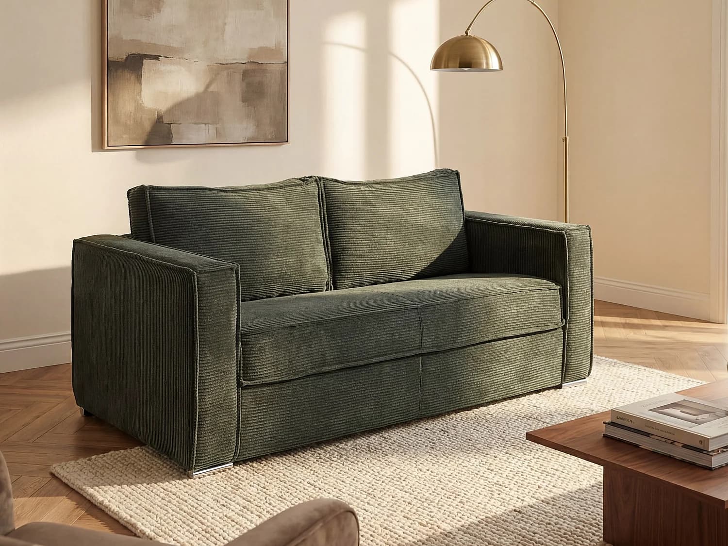 Canapé 3 places convertible express en velours côtelé vert sapin - Couchage 140 cm - Matelas 14 cm LORETO