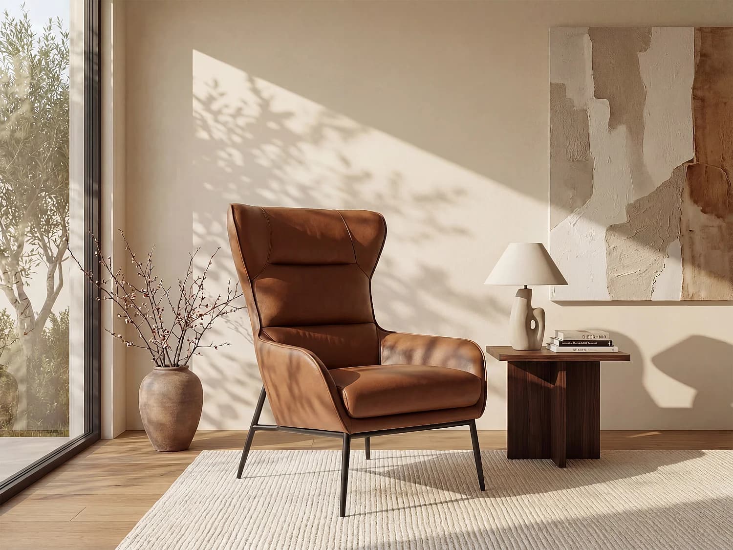 Fauteuil en cuir de buffle camel DINNIA
