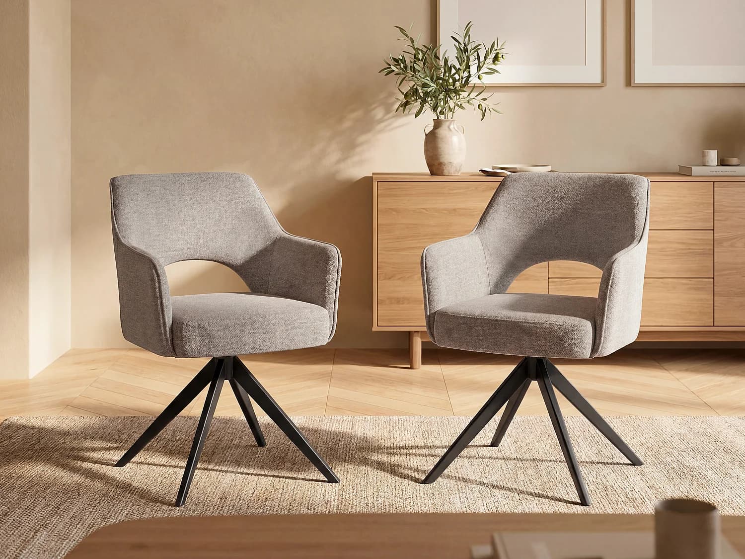 Lot de 2 chaises pivotantes avec accoudoirs en tissu et métal - Taupe - KONYA