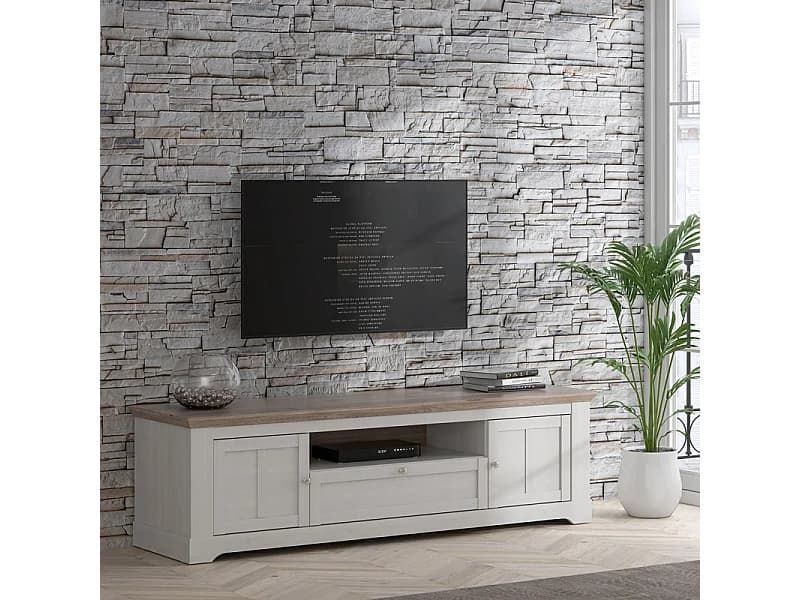 Meuble TV 205 cm 2 portes 1 tiroir décor chêne blanchi - ANGELE