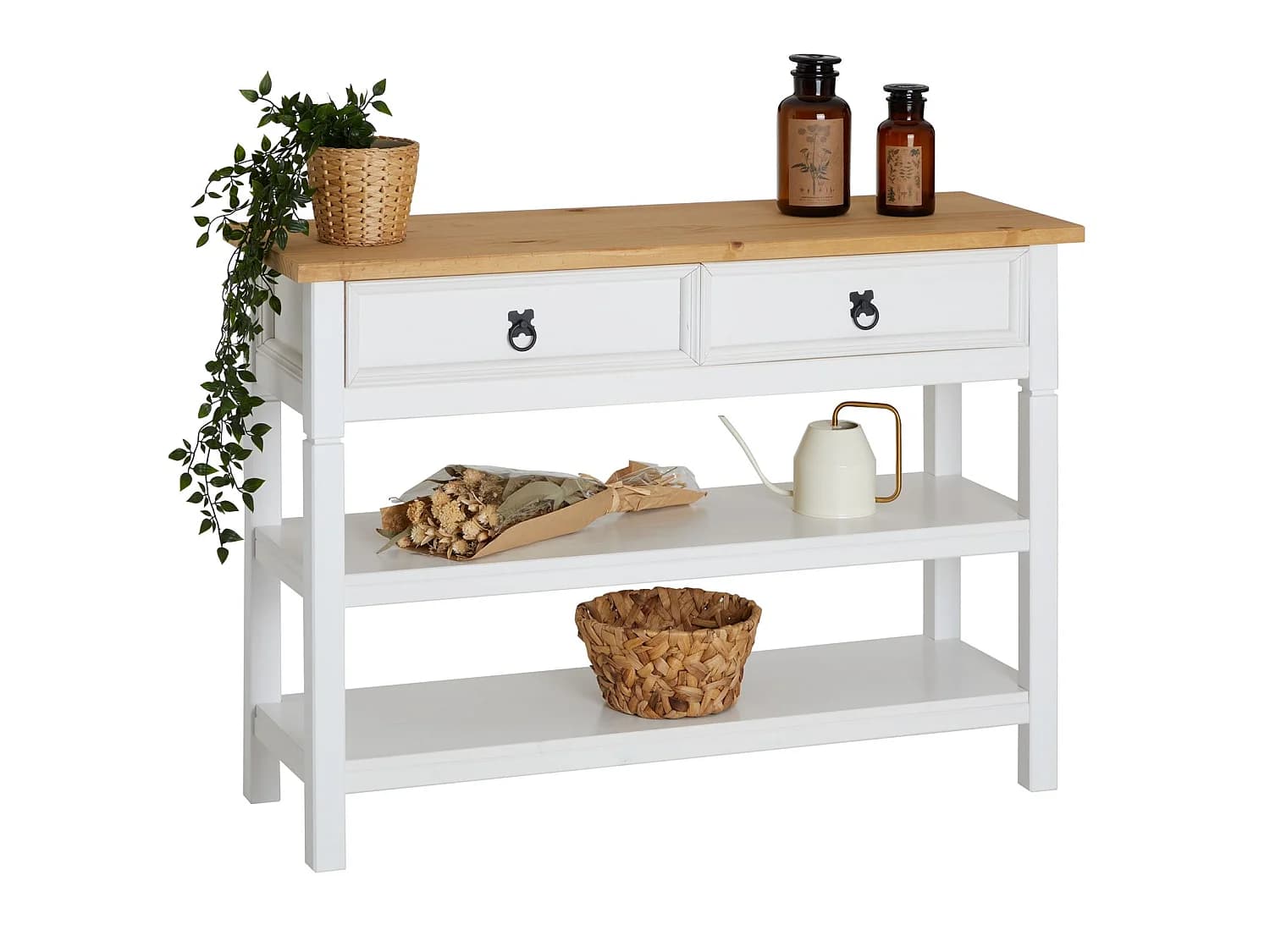 Table console TEQUILA table d'appoint style mexicain avec 1 grand tiroir et 2 étagères, en pin massif lasuré blanc et brun