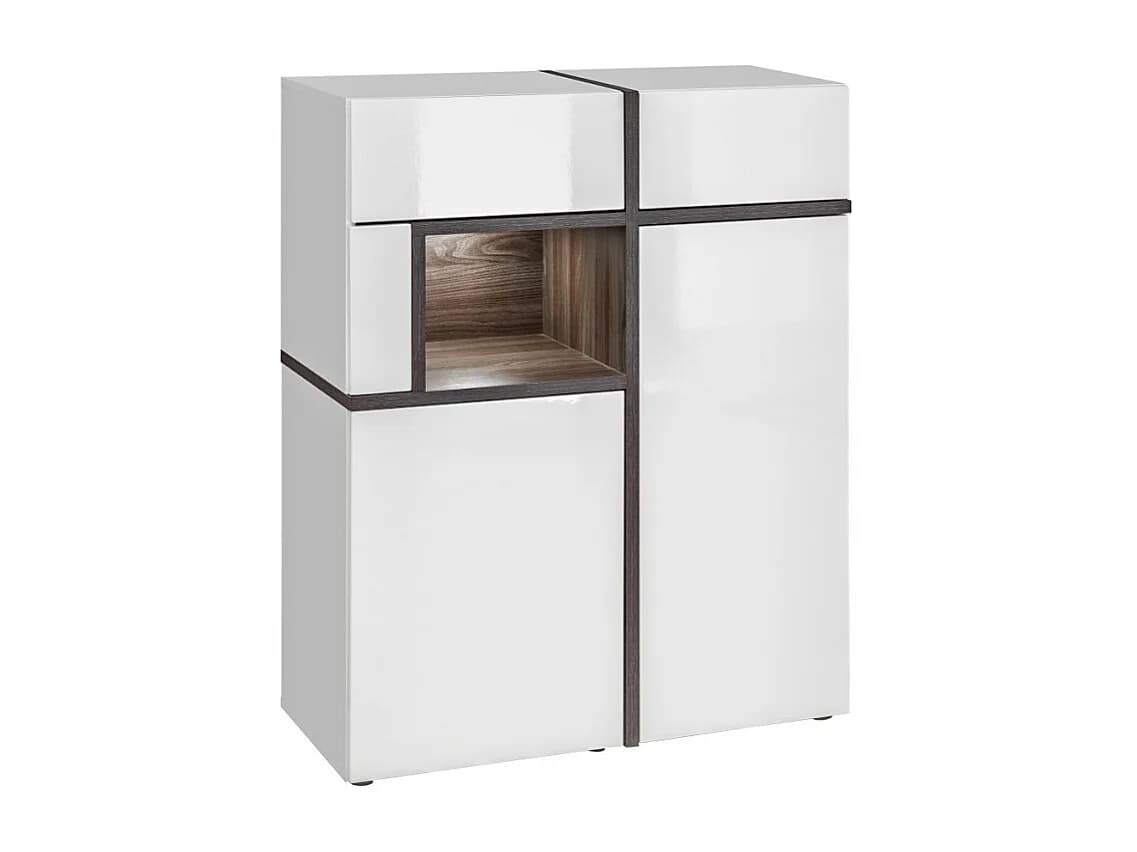Vitrine basse CRISS – 2 portes, 2 tiroirs, niche LED – Blanc brillant et marron