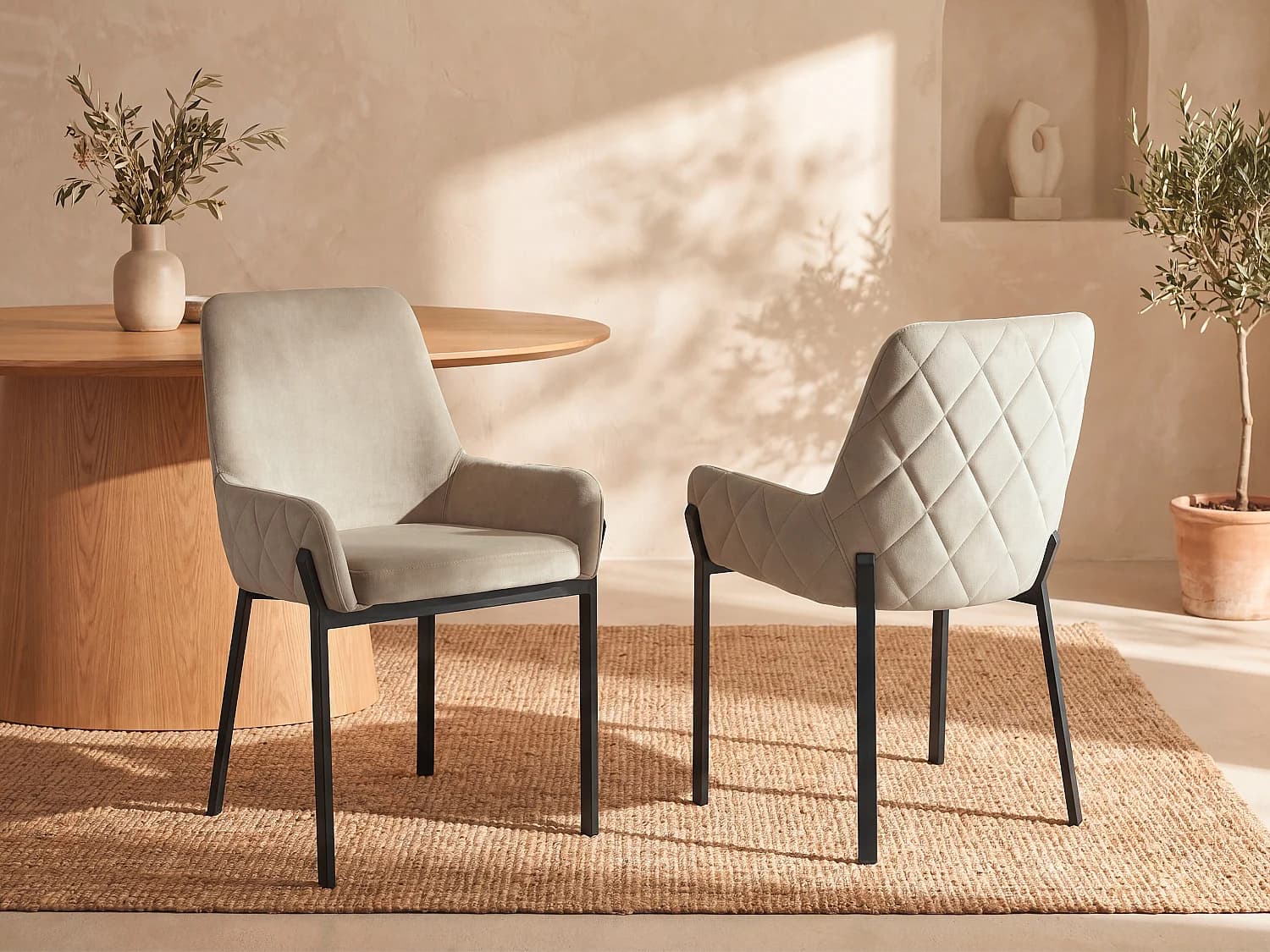 Lot de 6 chaises avec accoudoirs en velours et métal - Beige - CAROLONA