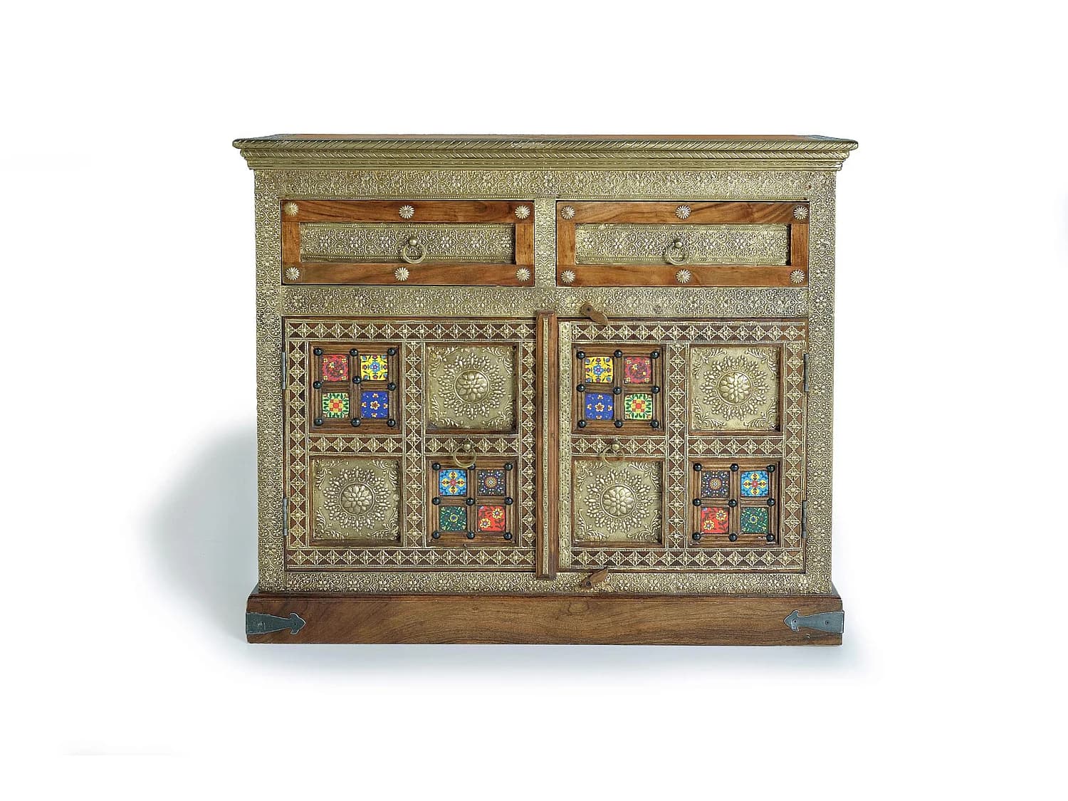 Commode en bois d'acacia 105 cm, style ethnique artisanal - 90 x 105 x 40
