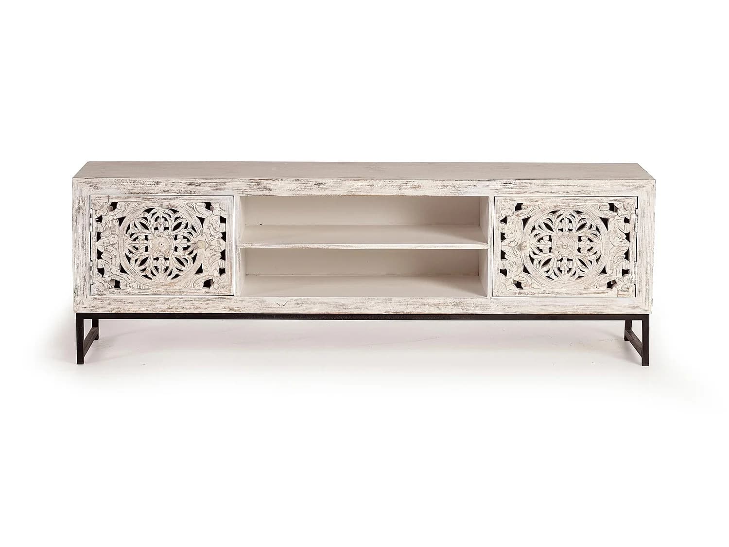 Meuble TV en bois de manguier 170 cm, style ethnique bohème sculpté - 55 x 170 x 40 cm