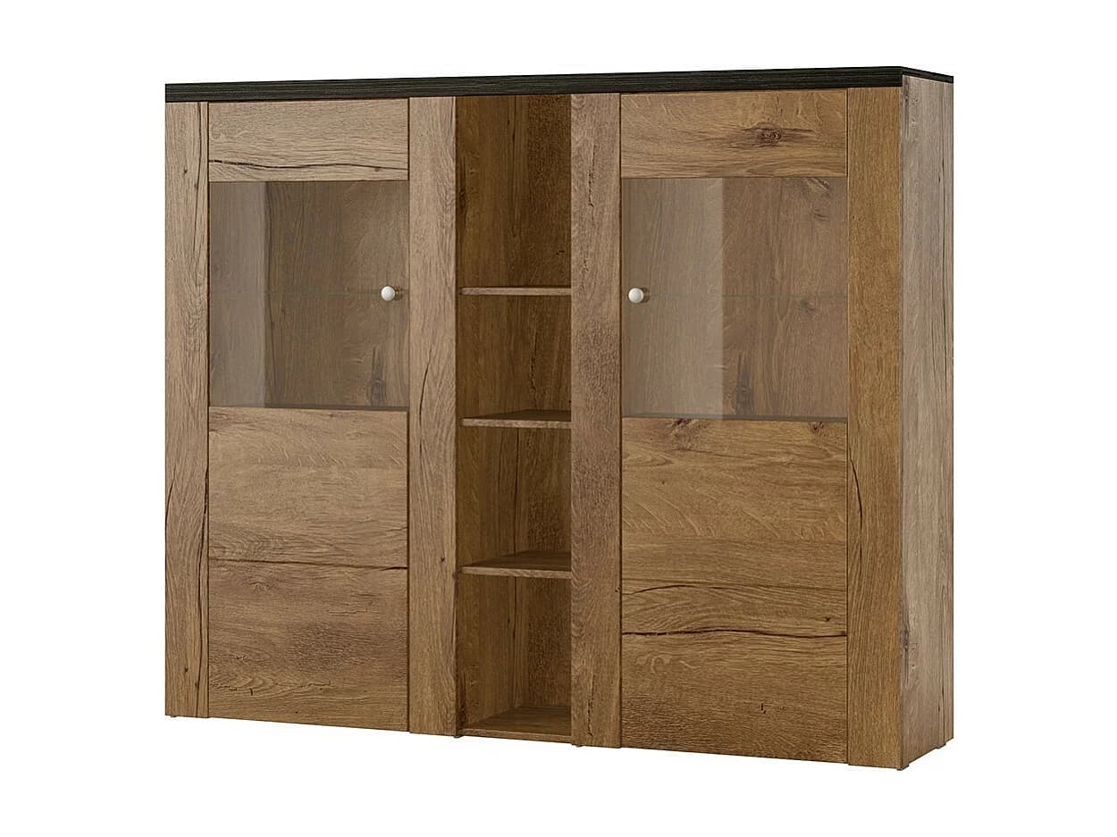 Vaisselier design 2 portes pour salon couleur chêne et noir effet bois. collection SANTIAGO.