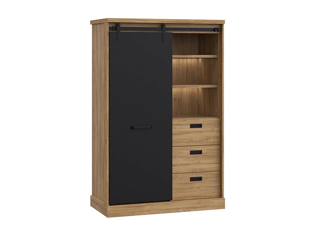 Buffet haut 1 porte 3 tiroirs décor chêne et noir éclairage LED - FARM