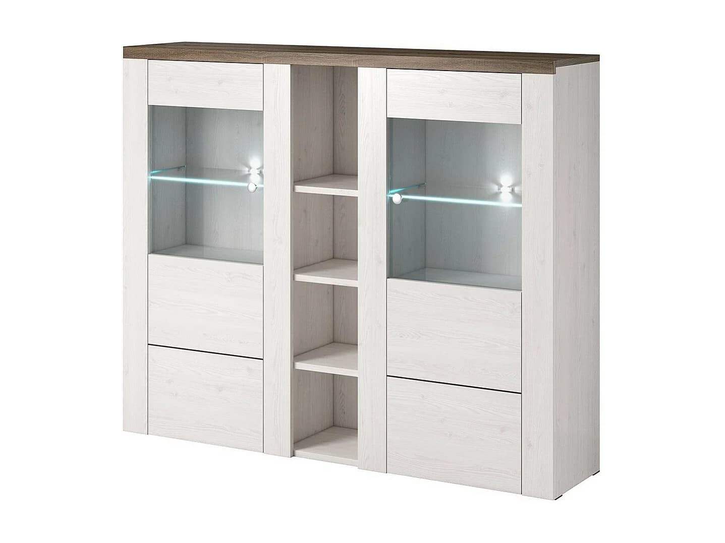 Vaisselier design 2 portes pour salon couleur blanc effet bois et chêne. Collection SANTIAGO.