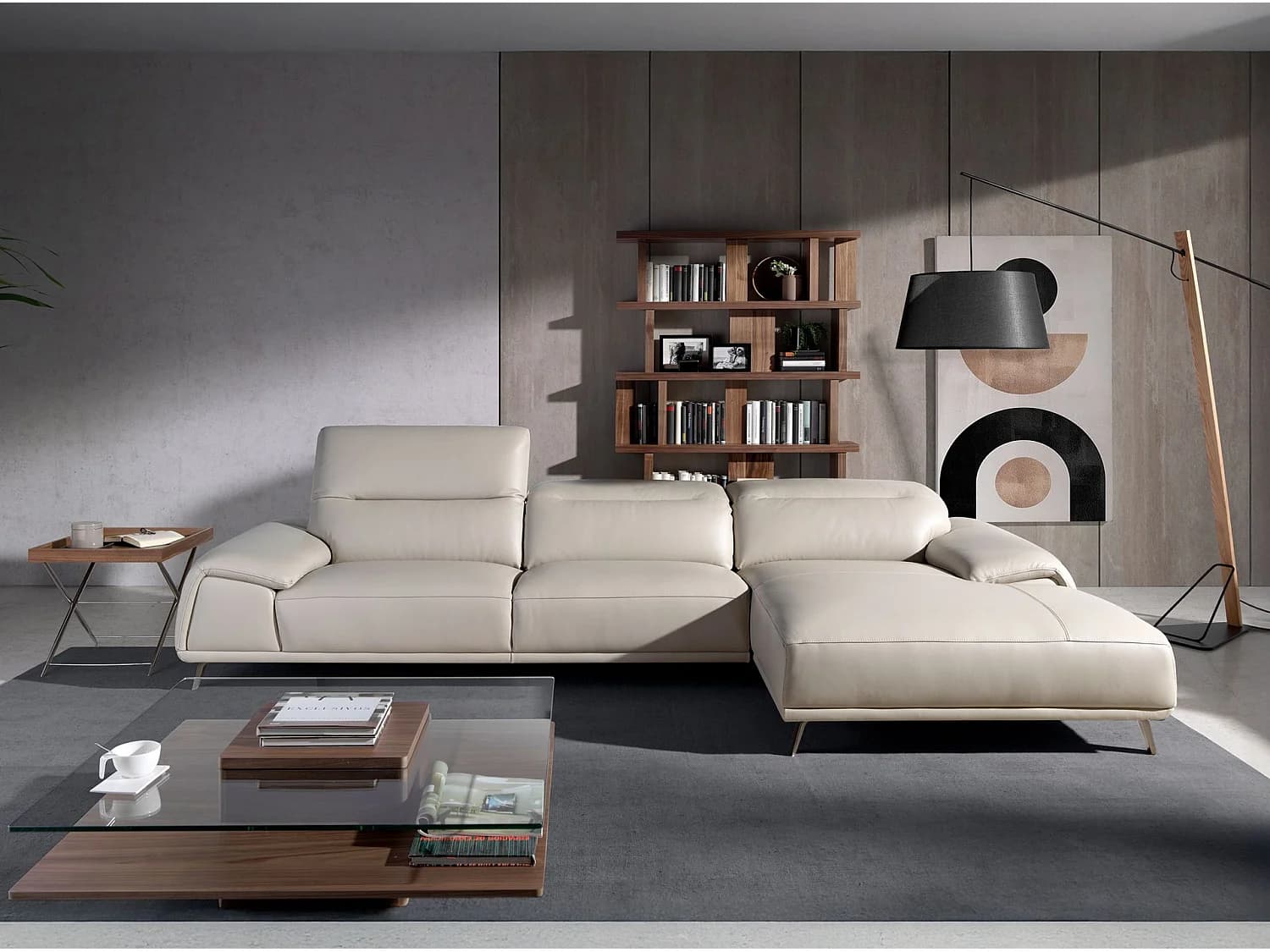 Canapé d'angle droite en cuir gris taupe 6150 ANGEL CERDA