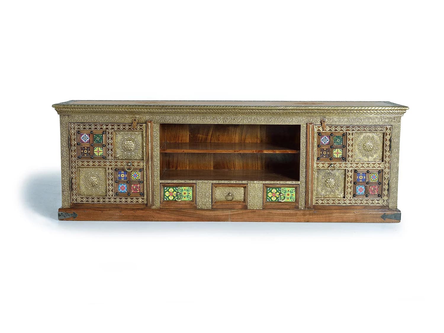 Meuble TV en bois d'acacia 180 cm, style ethnique artisanal - 60 x 180 x 40 cm
