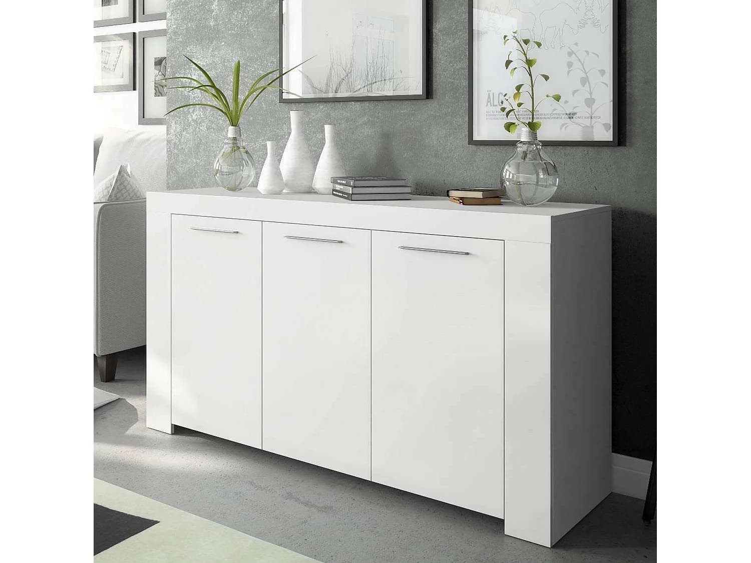 Buffet Bellevue, Buffet de salon, Meuble TV, Buffet pour salon, Armoire moderne avec 3 portes, 144x42h80 cm, Blanc